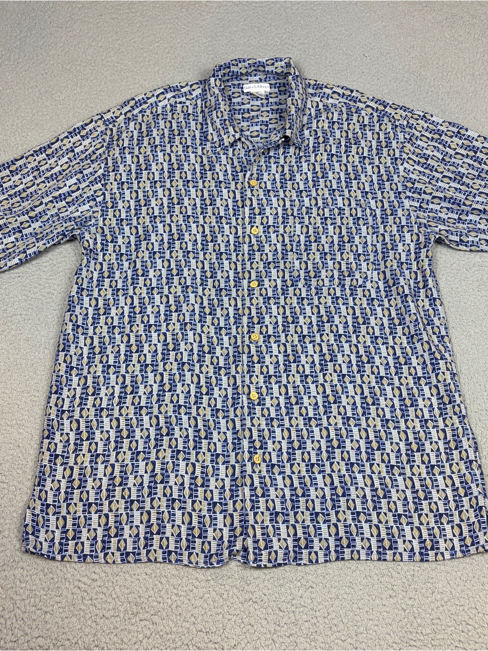 Bullock & Jones Silk Shirt Men’s XL  Blue Gold Geometric Short-Sleeve Casual
